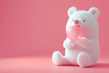 White Teddy Bear Holding a Pink Balloon on Pink Background, Cute and Playful Toy Concept with Copy Space