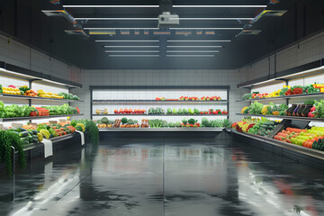 Greengrocers shop or a supermarket vegetables section with empty price or name tag - obrazy, fototapety, plakaty