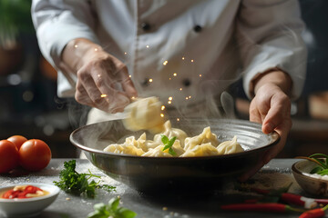 Professional chef hands preparing steamed or boiled dumplings in a bowl and arrange fine dining in Chinese or Japanese restaurant