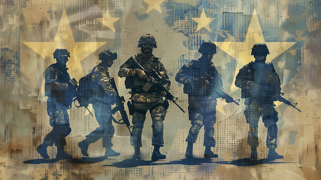 Modern soldiers equipped with weapons and military uniform, prepared for war, with a blue map background and yellow stars, symbolizing the European Union. Wallpaper for a European army in NATO