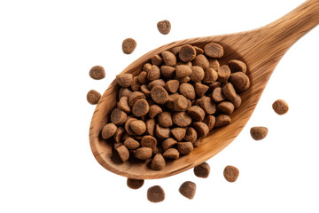 Obraz premium Cat food with wooden spoon .isolated on white background