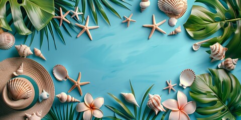Summer vacation banner, hat, sea shells, palm leaves and tropical flowers around copy space, flat lay, top view