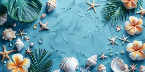 Summer vacation banner, hat, sea shells, palm leaves and tropical flowers around copy space, flat lay, top view - obrazy, fototapety, plakaty