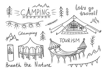 Set of cozy glamping elements in doodle style. Hammock, rattan chair, lamp. Tourism. Glamorous camping. Hand drawn. Great for decoration, print posters, banner, decoration