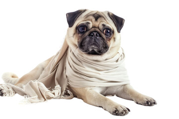 Obraz premium Cute pug dog with paw wrapped in medical bandage .isolated on white background