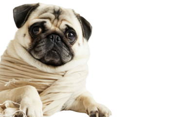 Cute pug dog with paw wrapped in medical bandage
.isolated on white background