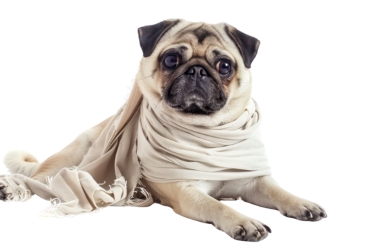 Cute pug dog with paw wrapped in medical bandage
.isolated on white background