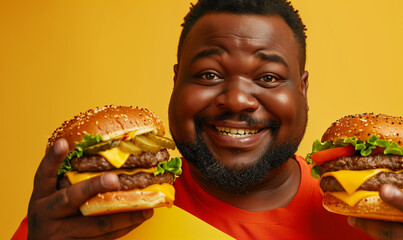 Fat happy african american man holding two burgers on yellow background. AI Generated