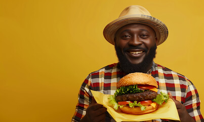 Hungry happy bearded fat african american man in straw hat eating hamburger isolated over yellow...
