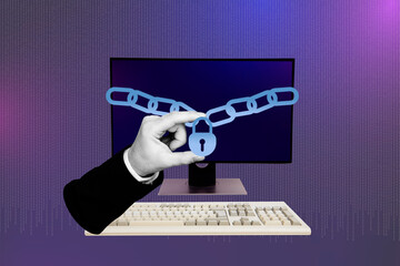Sketch image composite trend artwork 3D photo collage huge man hand hold locked chain on computer device screen of need key keyboard