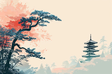 Pagoda and red tree under misty sky
