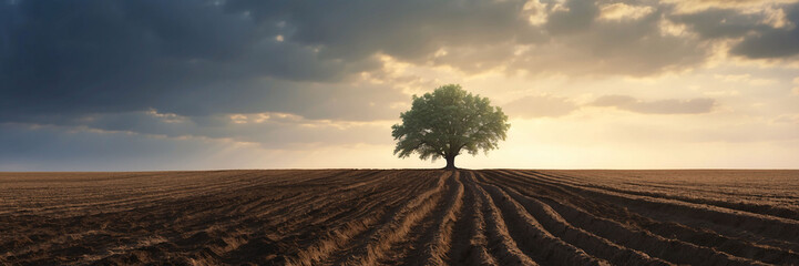 a lonely tree without leaves stands in the middle of a plowed field of Kuban black soil in the south of Russia on a sunny day in early spring
 - obrazy, fototapety, plakaty