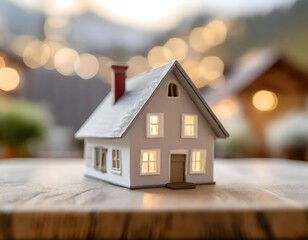 Miniature house is a symbol of mortgage and home ownership on blurred background.