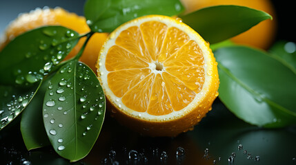 Fresh orange slice in water drops close-up view