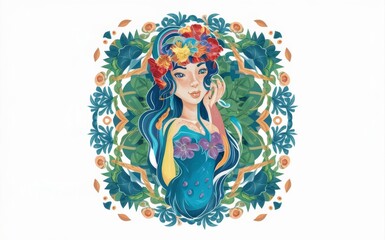 Colorful Mermaid in Floral Frame