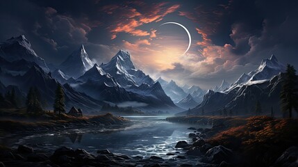 A fantastical illustration of majestic snow-capped mountains overlooking a serene lake. Immerse yourself in the enchanting beauty of this fantasy landscape, Generative AI. - Powered by Adobe