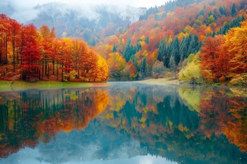 A tranquil lake mirrors the vibrant autumn foliage of surrounding trees, amplifying the beauty of fall colors.
