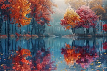 A serene autumn scene with vibrant, colorful trees reflecting in a calm lake, enveloped in a mystical atmosphere.