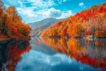 A serene autumn landscape with a crystal-clear lake reflecting vibrant, colorful foliage of surrounding trees, under a cloudy sky with majestic mountains in the backdrop.