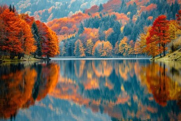 A tranquil lake mirrors the vibrant autumn foliage of surrounding trees, amplifying the beauty of fall colors.