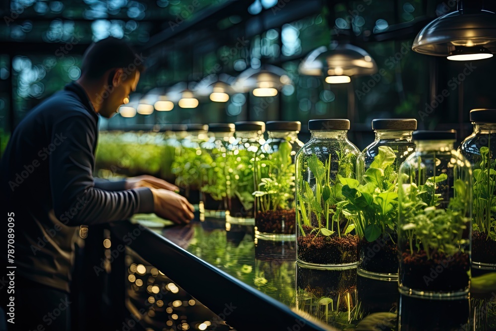 Aufkleber Immerse in a laboratory setting featuring fermentation reactors and scenes of plant genetic engineering. Reflecting cutting-edge research in agricultural science, Generative AI.