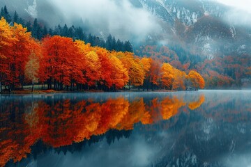 Serene autumn landscape with a tranquil lake reflecting vibrant, colorful foliage of surrounding trees, mist rising from water’s surface.