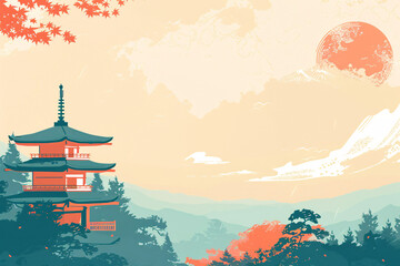 Pagoda with red sun and cherry trees in a vintage style