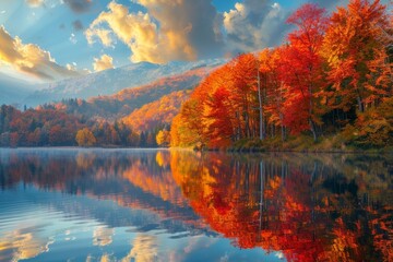 A serene autumn landscape with a crystal-clear lake reflecting vibrant, colorful foliage of surrounding trees, under a cloudy sky with majestic mountains in the backdrop.