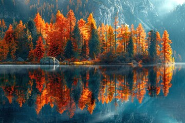 A serene autumn scene with vibrant orange and yellow trees reflecting in a calm lake, backed by majestic mountains.