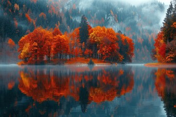 Serene autumn scene with vibrant orange trees reflecting in a calm lake, surrounded by misty mountains.