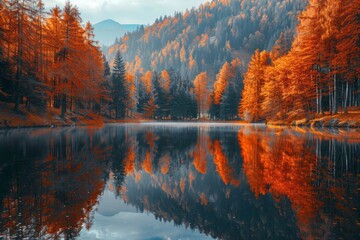 A serene autumn scene with golden trees reflecting in a calm lake, surrounded by mountains under a clear sky.