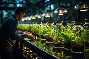 Immerse in a laboratory setting featuring fermentation reactors and scenes of plant genetic engineering. Reflecting cutting-edge research in agricultural science, Generative AI.