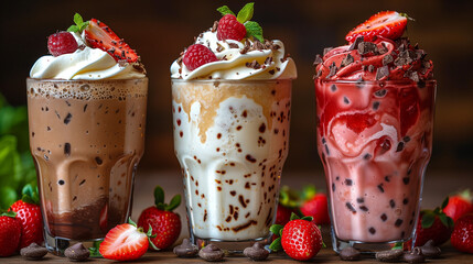 "Gourmet Trio of Milkshakes with Berries"
A captivating selection of chocolate, caramel, and strawberry milkshakes, crowned with whipped cream, fresh berries, and chocolate shavings.