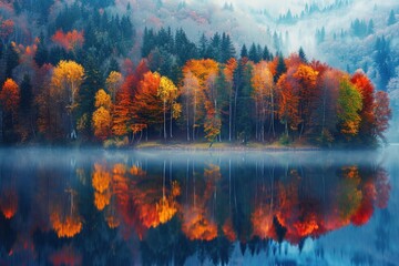 Serene autumn landscape with a tranquil lake reflecting vibrant, colorful foliage of surrounding trees, mist rising from water’s surface.