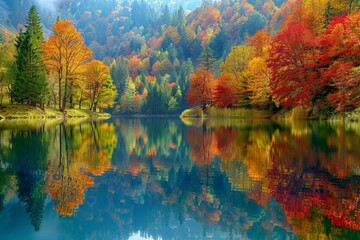 Serene lake reflecting vibrant autumn foliage of surrounding trees, creating a mesmerizing mirror effect amplifying natural beauty.