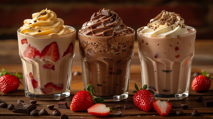 "Berry & Chocolate Milkshake Delight"
Three creamy milkshakes in vanilla, chocolate, and strawberry flavors, each topped with whipped cream, succulent strawberries, and chocolate pieces.