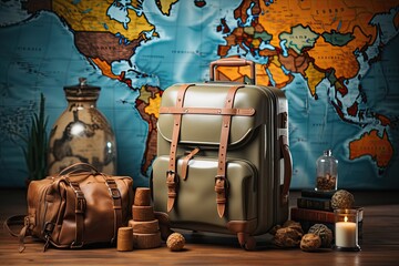 Image featuring suitcases, travel diaries, and a world map, evoking an atmosphere of adventure and freedom. Discover the allure of exploration and wanderlust, Generative AI.