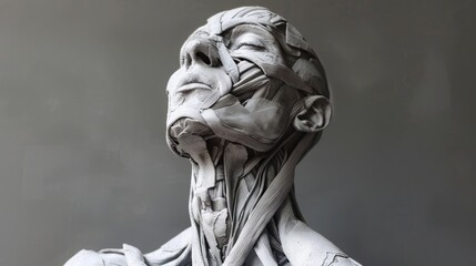 Écorché art, human skull depicted only with muscles and bones without skin, 16:9 - obrazy, fototapety, plakaty