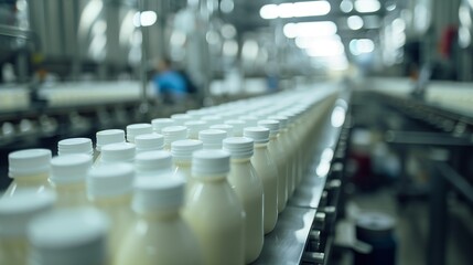 Obraz premium Automated Robotic natural dairy products yogurt Line. Industrial food production plant indoors