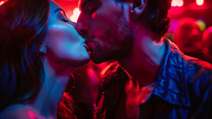 A photo capturing a dramatic moment of a man and a woman french kissing in a nightclub. Focus on their interlocked lips, red and purple lighting.