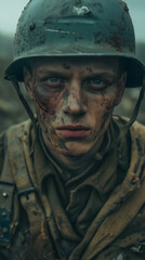 Fototapeta premium Close-up portrait of a young soldier with blue eyes and a dirty, damaged face, wearing a helmet and torn military uniform. Expression of despair, sadness, trauma and dejection in a world war.