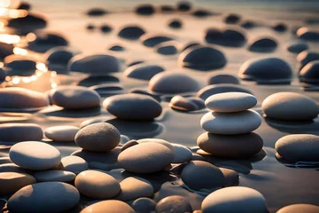 Foto auf Glas A Soft morning light illuminating a stack of Zen stones © MUHAMMAD