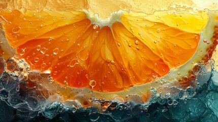 Vibrant orange slice submerged in water with dynamic air bubbles and ripples