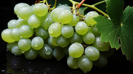 Realistic green grapes with water drops close up view