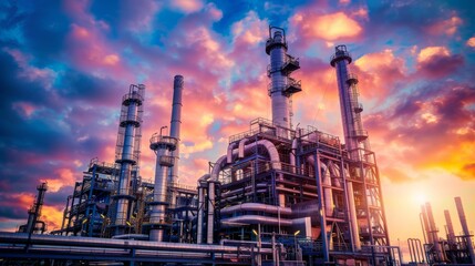 Oil refinery glows in the evening