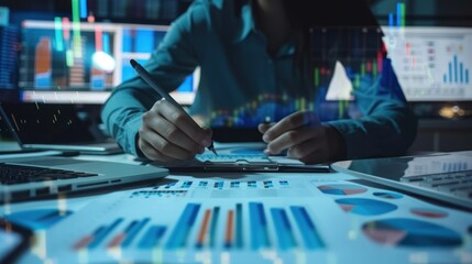 businessman analyst analyzing stock market trading graph - obrazy, fototapety, plakaty
