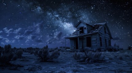 old house alone in the middle of the desert at night - obrazy, fototapety, plakaty