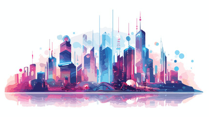 A futuristic cityscape with holographic advertisement - obrazy, fototapety, plakaty