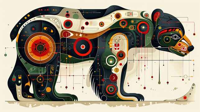 Imposing bear in the outdoors with multi-color design. Digital art.