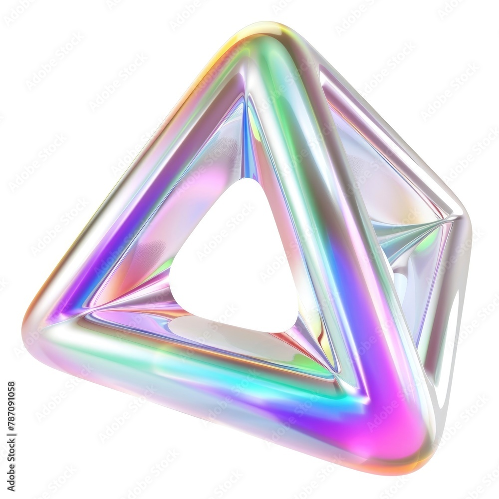 Poster pyramidal structure with an iridescent finish reflects a spectrum of colors,